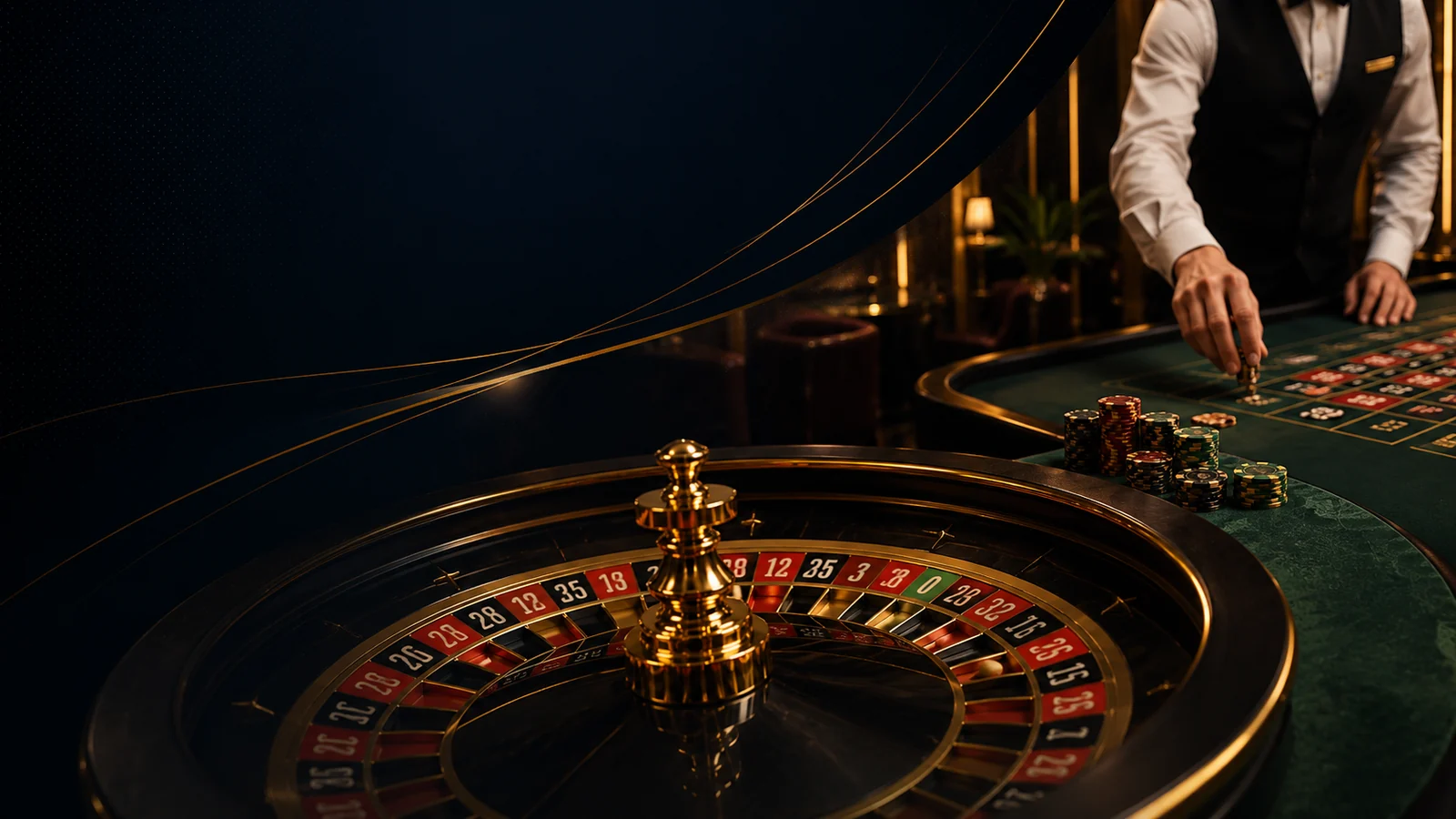 Mesa de roleta ao vivo com croupier e fichas